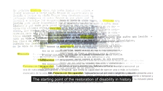 Various lines of Spanish text with the subtitle "The starting point of the restoration of disability in history"